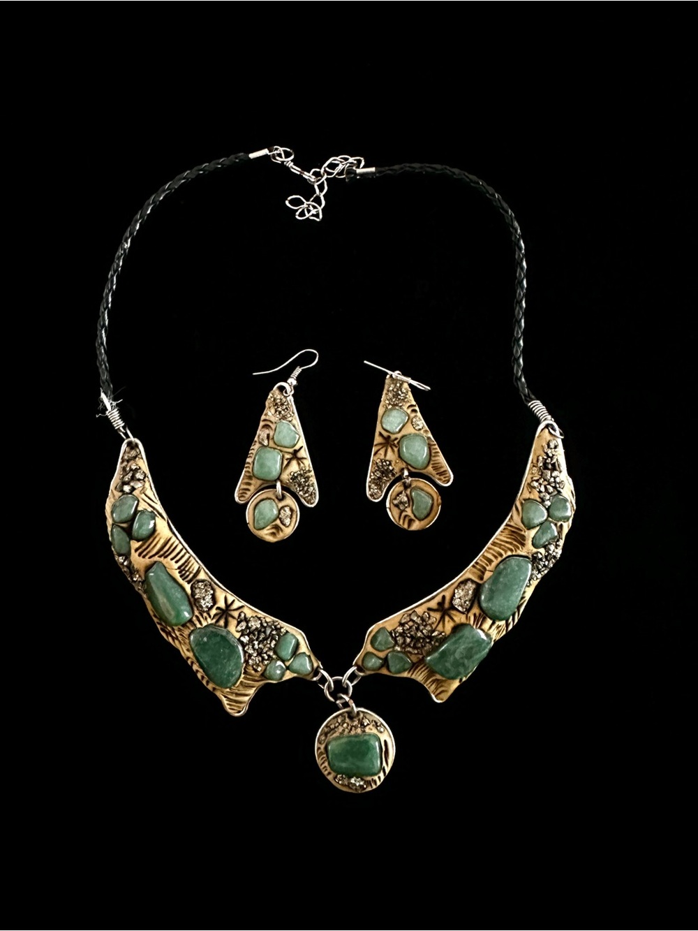 Gold-Tone Green Stone Statement Necklace & Earring Set - Picture 1 of 7